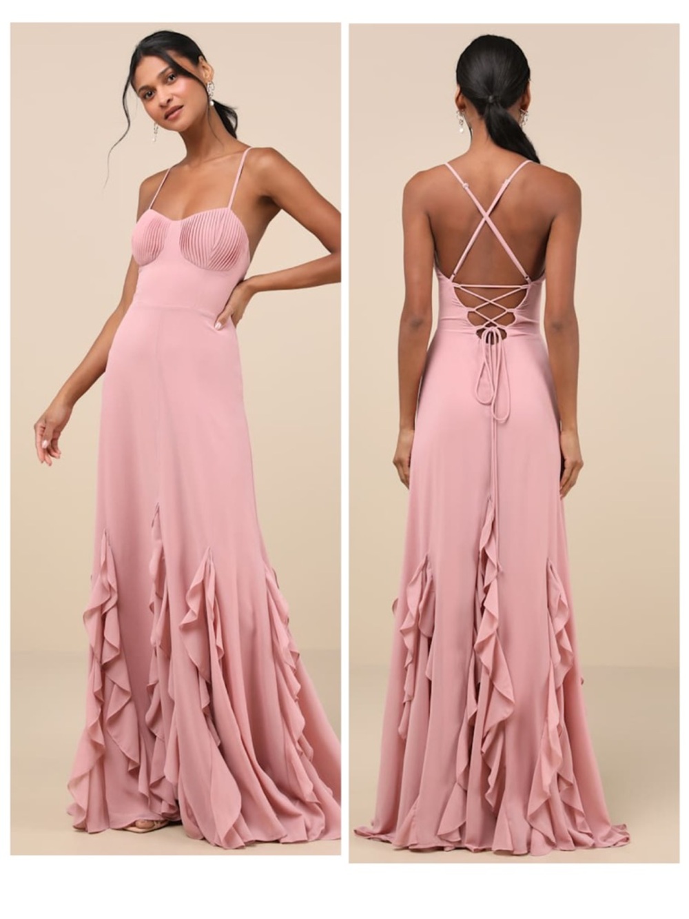 Lulus Priela Pink Ruffled Lace-Up Maxi Dress Size XL Whimsical Formal Wedding
